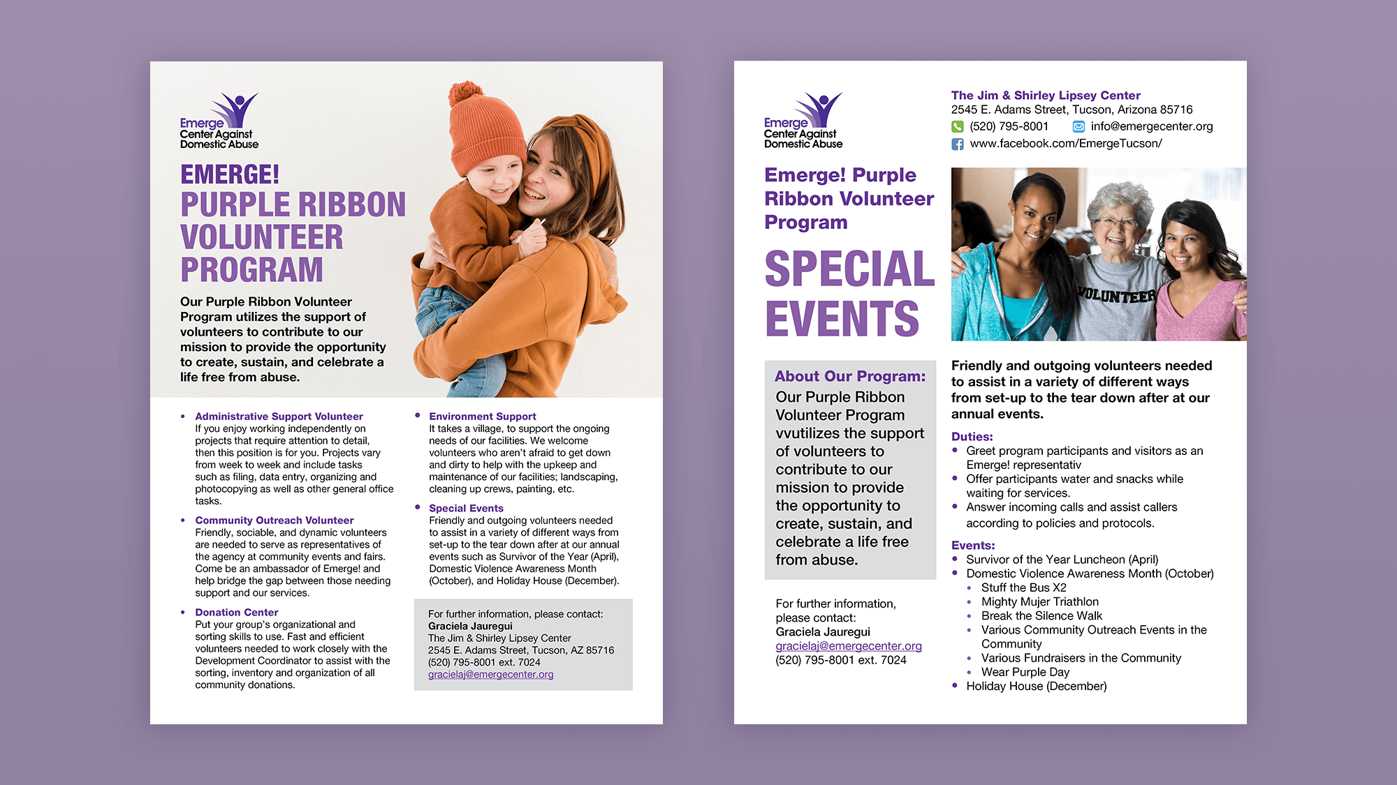 Emerge Center Against Domestic Abuse volunteer program flyers