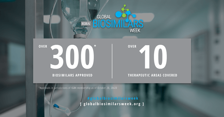 IGBA Global Biosimilar Week. Over 300 biosimilars approved. Over 10 therapeutic areas covered. Approvals in jurisdictions of IGBA membership as of October 20, 2020. #globalbiosimilarsweek. #globalbiosimilarsweek. Visit www.globalbiosimilarsweek.org